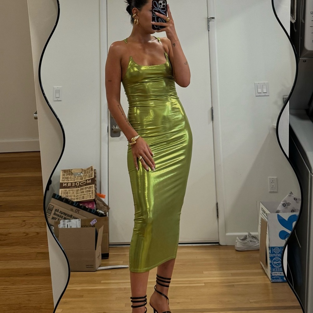 AKIRA Shimmering Lime Green Satin Midi Dress